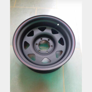 matt black steel wheel with blue and red strip for thar 16”